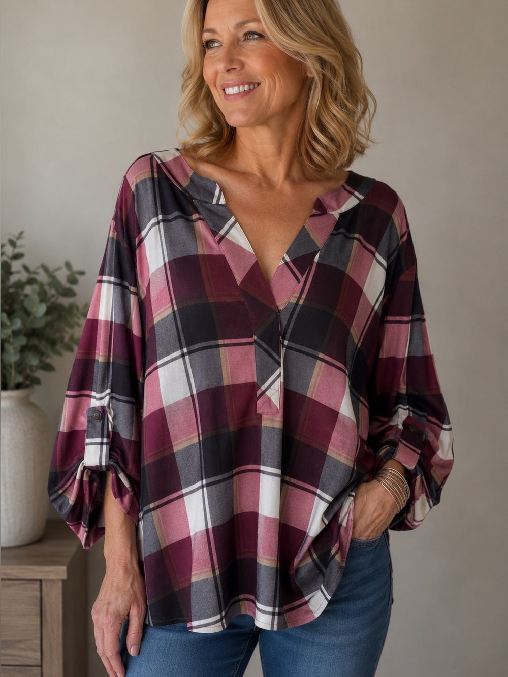 Ali Miles Multi Color Plaid Print 3/4 Sleeve Plus Size 2X Stretchy V Neck Top